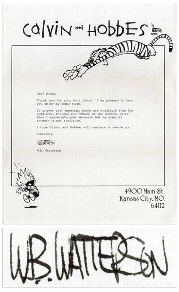 Bill Watterson Letter Signed on ''Calvin and Hobbes'' Stationery From 1988 -- With PSA/DNA COA